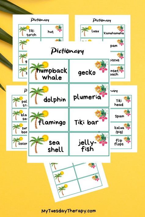 Hawaiian Luau Pictionary Word Cards. A fun game for summer luau party. Luau party printables. Luau party games. Hawaiian Pictionary Game, Hawaiian Games, Luau Centerpieces, Pictionary Words, Luau Party Games, Toucan Party, Luau Party Ideas, Luau Cupcakes, Friendsmas Party