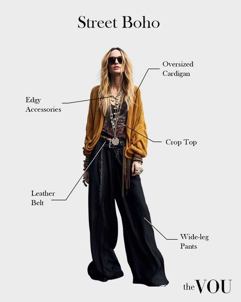 25 Types of Boho Styles - Most Popular and Trendy Boho Punk Fashion, Bohemian Wide Leg Pants Outfit, Rachel Zoe Style Outfits Boho, Bohemian Goth Fashion, Oversized Boho Outfit, Boho Celebrity Style, Edgy Bohemian Style, Street Boho Style, Boho Punk Style