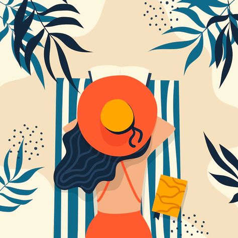 Reading Book At Beach, Woman Reading Book, Summer Illustrations, Beach Illustration, Summer Illustration, Art Deco Posters, Art Et Illustration, Woman Reading, Travel Wall Art