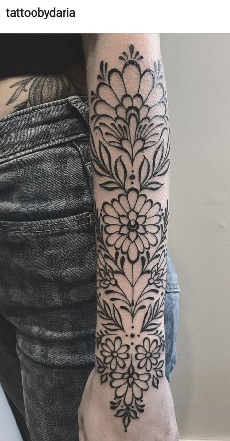 Folk Art Sleeve Tattoo, Mexican Ornamental Tattoo, Mexican Pottery Tattoo, Women Lower Arm Tattoo, Feminine American Traditional Sleeve, Hungarian Embroidery Tattoo, Mexican Floral Tattoo, Elbow Ditch Tattoos For Women, Folk Art Flowers Tattoo