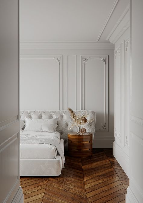 Bedroom Trim, Classical Bedroom, Minimalistic Bedroom, Wall Panels Bedroom, Parisian Interior, Bedroom Trends, Herringbone Floor, Classic Interior Design, Bedroom Panel