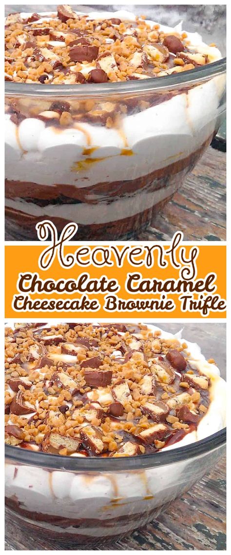 Heavenly Chocolate Caramel Cheesecake Brownie Trifle Chocolate Caramel Cheesecake, Brownies Cheesecake, Best Easy Dessert Recipes, Brownie Trifle, Toffee Chips, Cheesecake Trifle, Cheesecake Brownie, Healthy Dessert Recipes Easy, Dessert Recipes For Kids