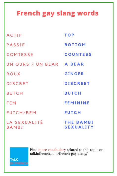 French Gay slang words you need to know+ download the list in PDF format for free! Visit:  https://www.talkinfrench.com/french-gay-slang/ French Proverbs, Simple Mountain Tattoo, French Slang, French Flashcards, Basic French Words, Learning Languages Tips, French Verbs, French Language Lessons, French Learning