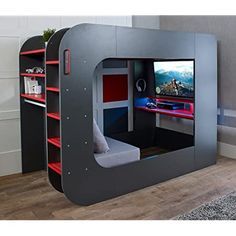 Gaming Bedroom Ideas, Bed Closet, Gaming Bed, Gaming Bedroom, Gamer Bedroom, High Sleeper Bed, Bed In Closet Aesthetic, High Sleeper, Closet Aesthetic