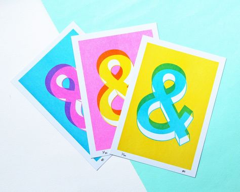 Ampersand Print A5 Risograph Print - Etsy Risograph Lettering, Risograph Printing, Riso Print, Risograph Print, Yellow Background, Lovely Print, Holiday Card, Pink Background, Recycled Paper