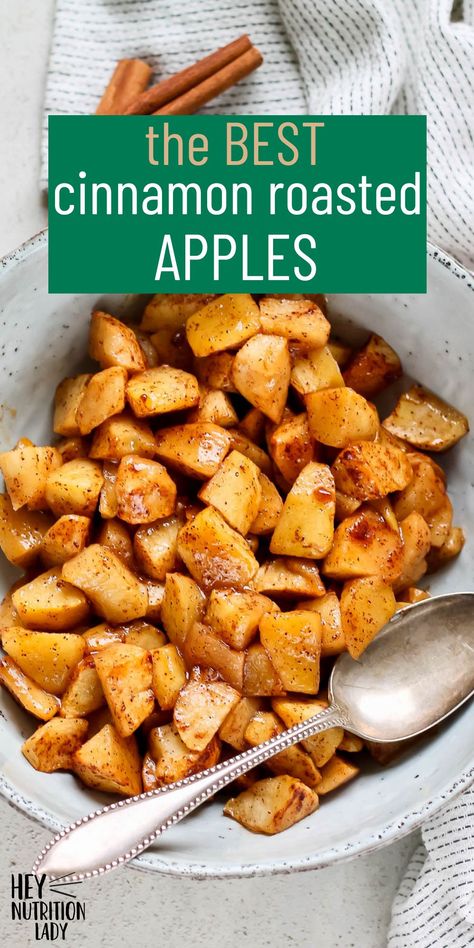 Cinnamon Roasted Apples! This is an easy and healthy recipe for apples baked in the oven with cinnamon and a touch of brown sugar. Eat them for dessert, add them to your breakfast, or just straight from the pan! Baked Blooming Apples, Cinnamon Apples Crockpot Easy, Baked Cinnamon Pears, Baked Apples With Granola, Healthy Gala Apple Recipes, Apple Recipes Keto, Baked Whole Apples Recipe Oven, Baked Apples Breakfast, Airfryer Apples Healthy