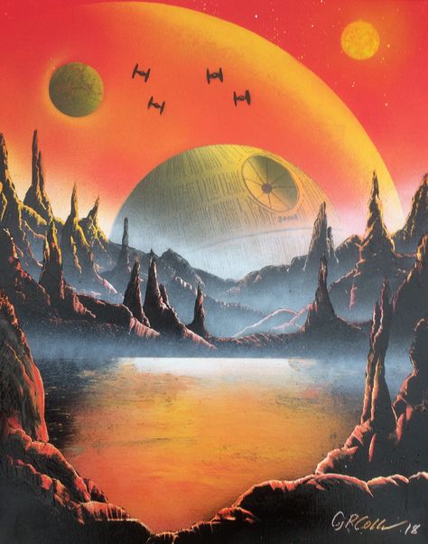 Star Wars Art Landscape, Star Wars Spray Paint Art, Star Wars Oil Painting, Star Wars Landscape Painting, Starwars Painting Acrylic, Star Wars Watercolor Painting, Sci Fi Painting, Star Wars Painting Ideas, Star Wars Canvas Painting