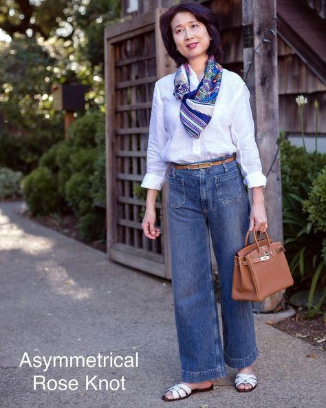 Hermes Scarf Tutorials Fashion on Instagram: “Yesterday, I felt like wearing lace and rose with my new linen shirt. This is a Rose "Silk Ring" in an Asymmetrical Knot. Unlike most…” Wear Hermes Scarf, Scarf With Shirt, Wool Scarf Outfit, Hermes Scarf Ring, Scarf Tutorial, Scarf Outfit, Scarf Rings, Fashion Tutorial, Hermes Scarf