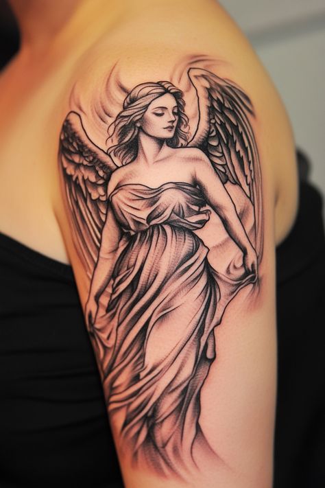 Angel tattoo on upper arm, featuring a detailed female figure with wings and flowing gown. Angel Tattoo Ideas, Angel Outline, Guardian Angel Tattoo, Angel Silhouette, Angel 11, Watercolor Angel, Angel Tattoos, Angel Trumpet, Angel Feathers