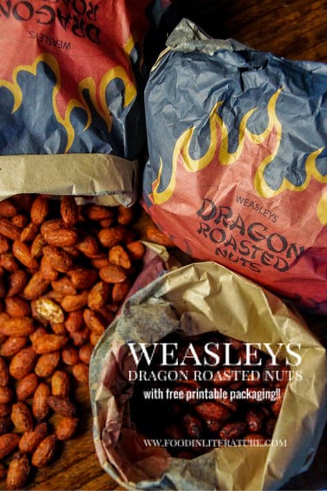 Weasleys' Dragon Roasted Nuts | Harry Potter | InLiterature Harry Potter Foods, Harry Potter Party Food, Harry Potter Feast, Harry Potter Dinner, Roasted Nuts Recipe, Printable Packaging, Harry Potter Night, Harry Potter Recipes, Hp Christmas