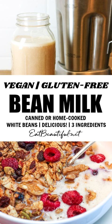 Vegan Bean Milk is a nutritious, creamy beverage that's great for topping cereal, oatmeal, granola & adding to smoothies/recipes. Low carb, gluten and grain-free. Dairy-free, soy-free & nut-free. You can make this beautiful milk with canned beans or home-cooked white beans — convenient & thrifty. | Eat Beautiful | beautiful gluten-free | vegan milk | vegan bean milk | dairy-free milk recipe | vegan breakfast | vegan milk recipe | vegan milkshake | #vegan #bean #milk #dairyfree #soyfree #nutfree Vegan Milkshake, Cereal Oatmeal, Vegan Bean, Oatmeal Granola, Eat Beautiful, Paleo Drinks, Gluten Free Cereal, Milk Dairy, Breakfast Vegan