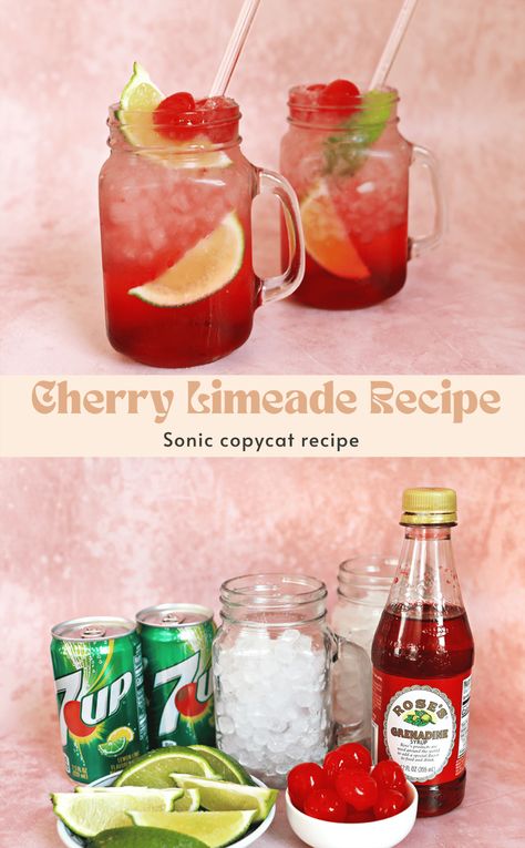 Cherry Limeade Recipe, Sonic Cherry Limeade, Limeade Recipe, Drink Recipes Nonalcoholic, Cherry Limeade, Refreshing Drinks Recipes, Mojito Recipe, Beverage Recipes, Lemon Lime Soda