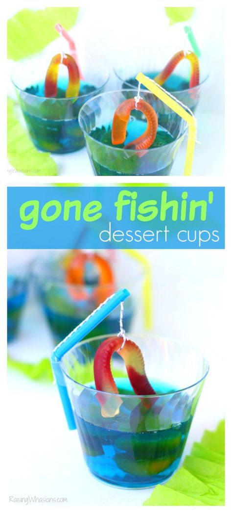 Gone Fishing Party Jello Dessert Jello Dessert Cups, Sea Snacks, Fishing Themed Party, Gone Fishing Party, Kids Cooking Party, Candy Grapes, Fishing Theme Party, Jello Dessert, Themed Snacks