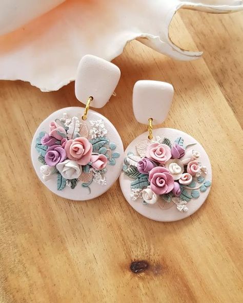 Clay Wedding Earrings Floral, Rose Polymer Clay Earrings, Polymer Clay Dangle Earrings, Floral Polymer Clay Earrings, Floral Polymer Clay, Polymer Clay Flower Jewelry, Polymer Clay Jewelry Tutorials, Handmade Clay Jewelry, Polymer Clay Jewelry Diy