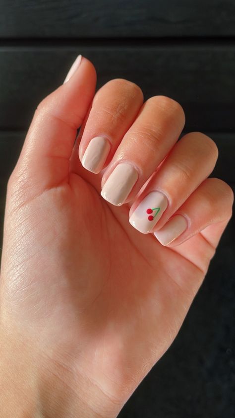 red cherry with green stem nail art/design on medium length natural square nails with beige shellac polish, one cherry on ring finger Stem Nail Art, Easy Cherry Nails, Natural Square Nails, Nail Art Diy Easy, 2024 Nails, Cherry Nails, Basic Nails, Red Cherry, Cherry On Top