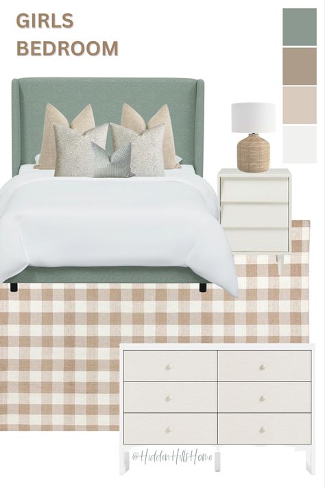 Teen girls bedroom decor mood board with a seafoam green upholstered bed! This sweet feminine bedroom has teal, tan, and cream tones Girls Bedroom Mood Board, Tilly Upholstered Bed, Teen Girls Bedroom, Bedroom Mood Board, Ellie Rose, Violet Room, Green Headboard, Green Bed, Hotel Chic