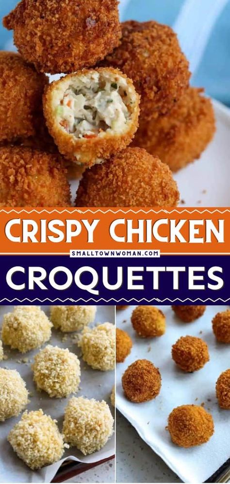 Crispy Appetizers, Croquette Appetizer, Deep Fried Chicken Balls, Chicken Crockets, Chicken Crockette Recipes, Chicken Crocette, Fried Balls Appetizers, Air Fryer Chicken Croquettes, Chicken Croquettes Recipe Easy