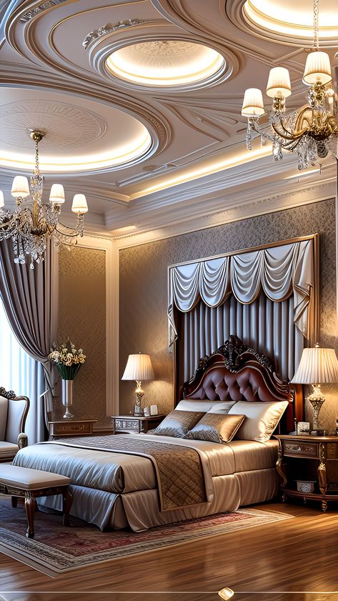 Bedroom Roof Ceiling Design, Luxury Mansions Interior Bedroom, Luxe Bedroom Classy, Royal Bedroom Design, Curtain Designs For Bedroom, Luxury Bedspreads, Bedroom Design Styles, Royal Bedroom, Luxury Mansions Interior