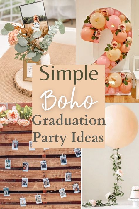 Boho Party Food Table, Cute Table Decorations For Party, Boho Centerpieces Graduation, Rustic Boho Party Decor, Eucalyptus Grad Party, Boho Graduation Centerpieces, Boho Chic Graduation Party Ideas, Rustic Boho Graduation Party Ideas, Shabby Chic Graduation Party Ideas