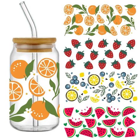 Orange Strawberry Watermelon Lemon Uv Dtf Cup Decals - Temu Glass Jar Decoration, Jar Decoration, Cup Decals, Watermelon And Lemon, Mason Jar Tumbler, Crystal Stickers, Diy Wrap, Cup Decal, 3d Crystal