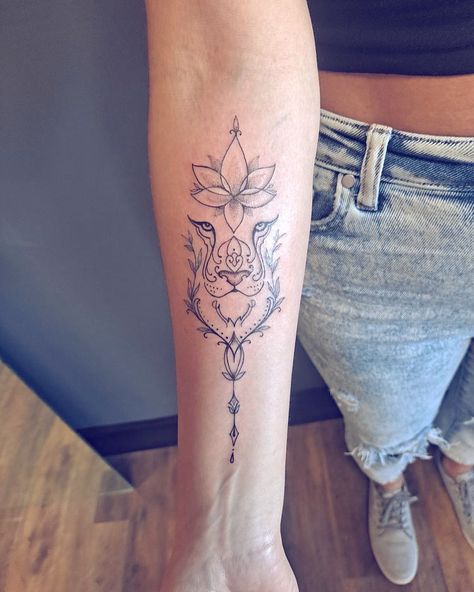 Lion Hip Tattoo, Subtle Arm Tattoos For Women, Female Lion Tattoo For Women, Lion Hand Tattoo, Lion Forearm Tattoos, Pink Ribbon Tattoos, Inner Arm Tattoos, Flower Wrist Tattoos, Small Girl Tattoos