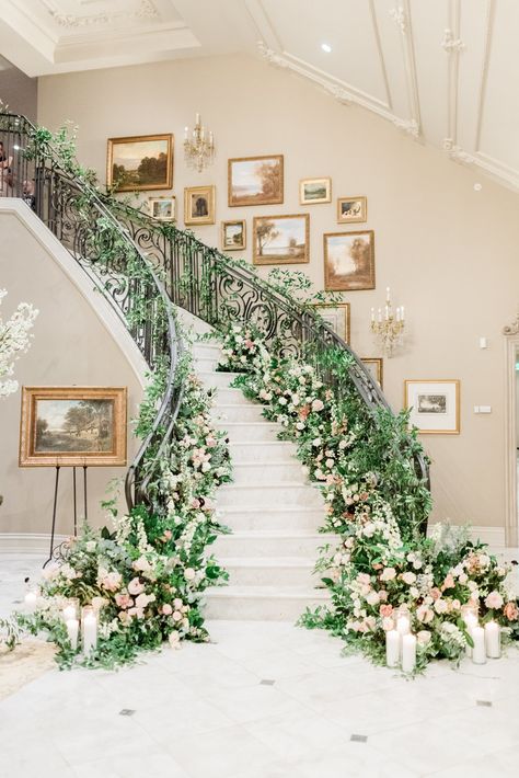 NJ Wedding Photographer Park Chateau | Jennifer Larsen Photography Wedding Staircase Decoration, Evening Wedding Ceremony, Wedding Stairs, Wedding Staircase, Stair Banister, Winter Bridal Showers, White Pillar Candles, Staircase Decor, Hydrangeas Wedding