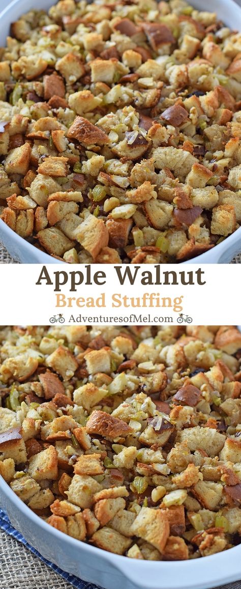 Apple Walnut Bread Stuffing, an easy, traditional, old-fashioned, homemade recipe. Simple ingredients in a delicious Thanksgiving side everyone will love! Apple Walnut Bread, Walnut Stuffing, Crispy Oven Fried Chicken, Bread Stuffing, Thanksgiving Food Sides, Chimichurri Recipe, Apple Walnut, Walnut Bread, Holiday Side