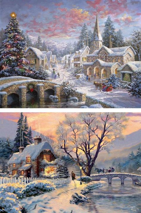 Magical Christmas of Thomas Kinkade - All Ontario Christmas Thomas Kinkade, Thomas Kinkade Paintings Christmas, Thomas Kinkade Winter Scenes, Beautiful Winter Scenes Christmas, Thomas Kincaid Christmas, Christmas Scenery Paintings, Beautiful Christmas Pictures, Thomas Kinkade Art, Thomas Kinkade Paintings