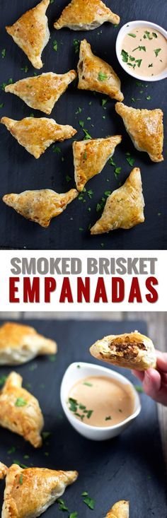 Smoked Brisket Empanadas. An incredible use for leftover smoked brisket and awesome appetizer idea for the holidays. Smoked brisket, sautéed vegetables, herbs and spices rolled in puffed pastry dough, and served creamy crème fraîche BBQ dipping sauce. So so good. Baked Beef Empanadas Recipe, Brisket Empanadas, Leftover Smoked Brisket, Bbq Dipping Sauce, Puffed Pastry, Brisket Recipes Smoked, Smoked Food, Beef Empanadas, Meat Pies