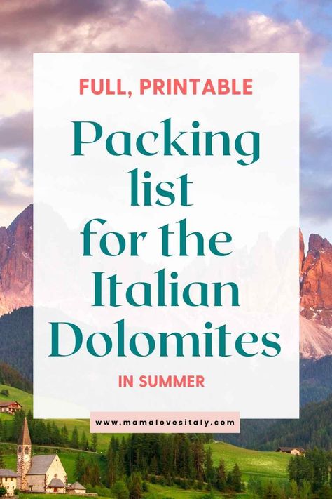 How to pack for the Dolomites in summer: Printable Dolomites Packing List for the whole family | Mama Loves Italy Dolomites Packing List, Dolomites Outfit Summer, Dolomites Outfit, Sabbatical Ideas, Family Packing List, Italy Summer Outfits, Hiking Packing List, Italy Road Trip, Italy Packing List