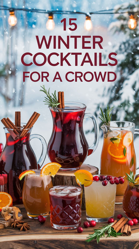 "Discover 15 Winter Cocktails for a Crowd that will elevate your holiday  gatherings! These festive drinks, perfect for Christmas and New Year's Eve,  include the best Christmas cocktails and unique homemade wine recipes. From  cozy cocktails for winter to refreshing alcoholic Christmas drinks, there's  something for everyone. Impress your guests with these holiday cocktail  recipes that are sure to be a hit at any celebration. Cheers to  unforgettable moments with Cocktails for a Crowd!" Cocktails Set Up, Boozy Drinks For A Crowd, Winter White Sangria Recipe For A Crowd, Crock Pot Drinks Holiday, Christmas Day Drinks Holiday Cocktails, Crockpot Alcoholic Drinks Holidays, Seasonal Alcoholic Drinks, Winter Themed Alcoholic Drinks, Holiday Cocktail For Large Group