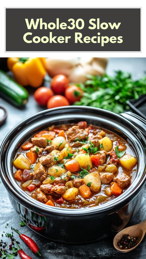 Image of a slow cooker filled with a hearty Whole30 stew, surrounded by fresh vegetables and spices, representing healthy and convenient Whole30 meal options. Healthy Paleo Crockpot Recipes, Gluten Dairy Free Slow Cooker Recipes, Nourishing Crockpot Meals, Easy Whole 30 Crockpot Recipes, Whole30 Thanksgiving Recipes, Easy Whole 30 Meal Prep, Slow Cooker Meal Prep Healthy, Clean Eating Slow Cooker Recipes, Whole 30 Crockpot Meals