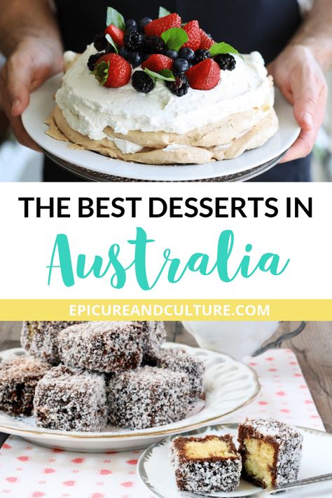 Australia may be known for its barbeques, seafood, and meat pies - but did you know that you can also find a lot of unique and delicious desserts downunder too? To find out the best desserts in Australia that you have to try, along with recipes and the stories behind these iconic Australian desserts - click through to read my guide to the best desserts in Australia. | Epicure & Culture #australia #desserts #dessertrecipes #pavlova #lamingtons Australian Desserts Easy, Famous Desserts Around The World, Australia Day Dessert Platter, Typical Australian Food, Traditional Australian Food, Australian Desserts, French Tart, Chocolate Crackles, Rice Bubbles