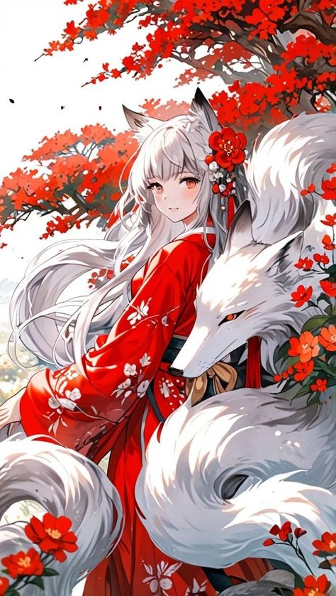 Anime Fox Female, Kitsune Fox Spirit, Kitsune Girl, Kitsune Fox, Demi Human, Wings Drawing, Anime Kimono, Fox Spirit, Aesthetic Wallpaper Iphone