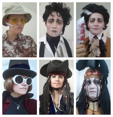 The Many Faces of Johnny Depp Fancy Dress Costume Makeup DIY Mashup Group Photo Scene Film Tim Burton Collage Johnny Depp Costumes, Halloween Celebrity, Scene Film, Girl Group Halloween Costumes, Best Group Halloween Costumes, Character Halloween Costumes, Popular Costumes, Celebrity Costumes, Celebrity Halloween Costumes