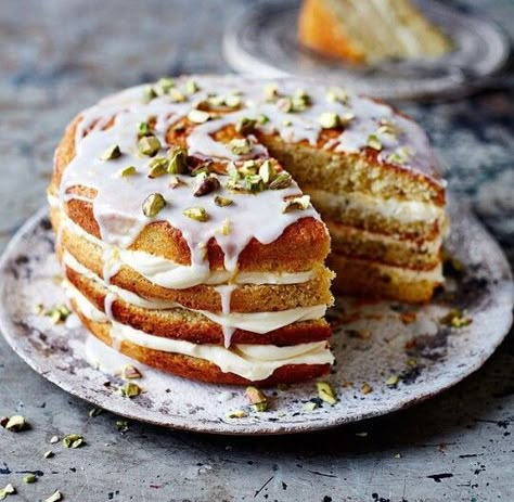 Lemon and pistachio layer cake - Jamie Oliver Passionfruit Cake, Lemon Layer Cakes, Yoghurt Cake, Layer Cake Recipes, Pistachio Cake, Gluten Free Cakes, Layer Cakes, Savoury Cake, Jamie Oliver