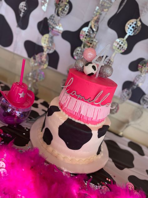 Hot Pink And Cow Print Cake, Cowprint Birthday Cakes, Pink Cow Print Birthday Cake, Cowgirl Cakes Birthday, Pink Cowgirl Cake, Disco Cowgirl Cake, Disco Cowgirl Birthday Party, Cow Print Cakes, Cowgirl Birthday Cakes