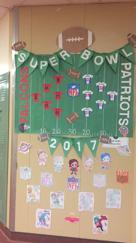 Super Bowl 2017 bulletin board Super Bowl Bulletin Board Ideas, Testing Bulletin Boards, Fall Classroom Door, February Classroom, Fall Classroom, February Crafts, Display Boards, Classroom Door, Classroom Crafts