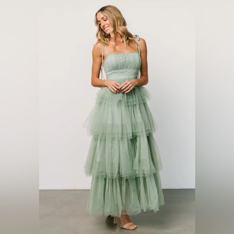 Green Layered Dress, Green Tulle Dress, Dusty Sage Green, Tulle Formal Dress, Ruffle Maxi Skirt, Tulle Material, Sage Dress, Dusty Sage, Sage Green Color