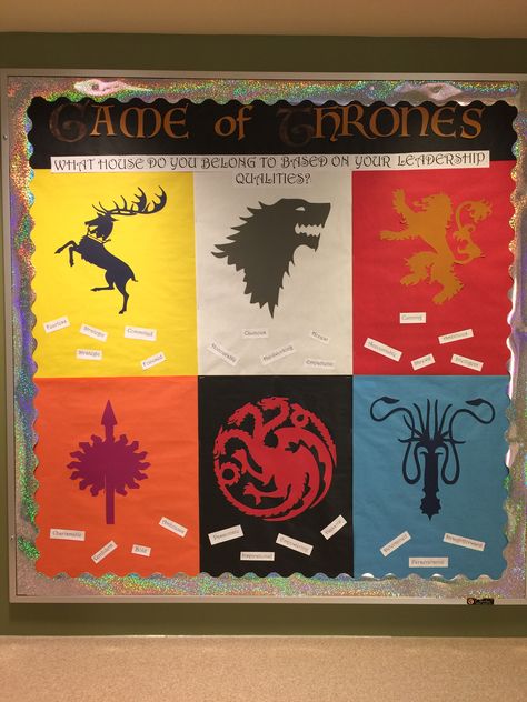 Game of thrones themed RA bulletin board #leadership#GOT#sigils Game Of Thrones Bulletin Board, Game Of Thrones Classroom Theme, Residence Life Bulletin Boards, February Bulletin Boards, January Bulletin Boards, Game Of Thrones Theme, Door Decks, Ra Themes, College Bulletin Boards