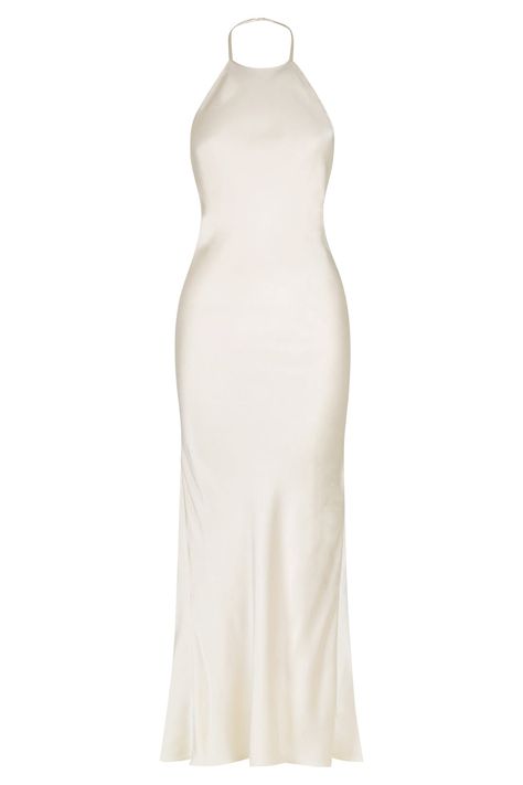 The La Lune Low Back Halter Neck Midi Dress by Shona Joy is the epitome of “business in the front, party in the back.” An ankle-kissing bias-cut skirt, high halter neckline, and luxurious sheen add subtle points of interest, while the low open back amps up the drama and allure.    Retail Price: $320.00  Silk touch fabric  Cream Color  Luxurious sheen  High halter neckline with back button closure  Low open back  Invisible back zip  Midi length skirt cut on the bias  Medium weight, non-stretchy w Shona Joy La Lune, Halter Neck Midi Dress, High Neck Midi Dress, Bridal Tops, Bias Cut Skirt, Shona Joy, Halter Midi Dress, Silk Touch, Midi Length Skirts