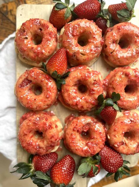 Strawberry Sour Cream Donuts - Acts Of Sourdough Strawberry Doughnut, Sour Cream Donut, Yeast Donuts, Strawberry Donuts, Sour Cream Recipes, Sour Cream Cake, Full Fat Yogurt, Lemon Glaze, Sourdough Discard