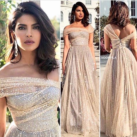 Priyanka Chopra at the wedding reception of Prince Harry and Meghan Markle Reception Gowns Evening Indian, Friends Engagement Outfit Indian, Evening Gown Hairstyles, Western Gowns Party Wear, Engagement Clothes, Wedding Kerala, Moh Dress, Priyanka Chopra Wedding, Lehenga Outfit