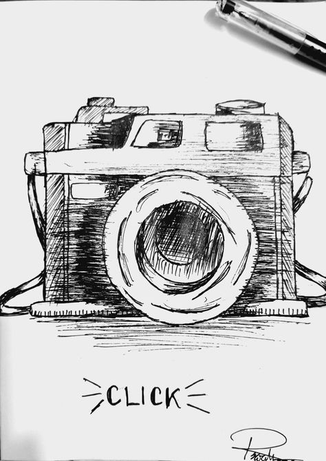 Easy Sketch Practice, Vintage Camera Sketch, Polaroid Sketch Drawings, Camera Sketch Simple, Simple Pen Drawings Easy, Easy Ink Drawings, Cool Art Drawings Ideas Sketches, Small Pen Sketches, Camera Inktober