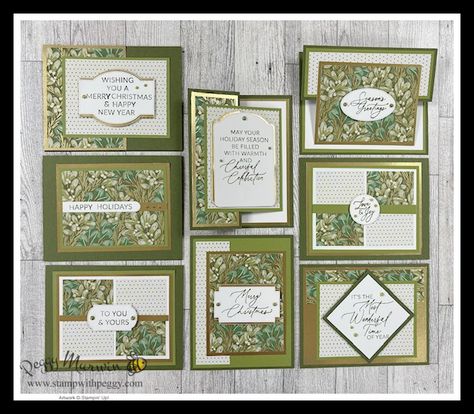 Next week we have new Online Exclusives and today I have a Season of Green & Gold Sneak Peek.  I love One Sheet Wonder templates One Sheet Wonder Templates, One Sheet Wonder, Beautiful Christmas Cards, Stampin Up Christmas Cards, Designer Paper, Stampin Up Christmas, Green Cards, Diy Christmas Cards, Su Cards