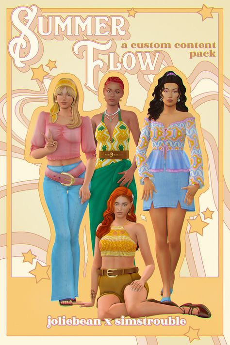 Summer Flow, a CC pack by Joliebean & Simstrouble | Joliebean on Patreon Sims 4 60s Cc, Sims 4 70s Cc, Oc Stuff, Free Sims, Packing Clothes, Sims Building, Sims 4 Cc Packs, Best Sims, Sims4 Cc