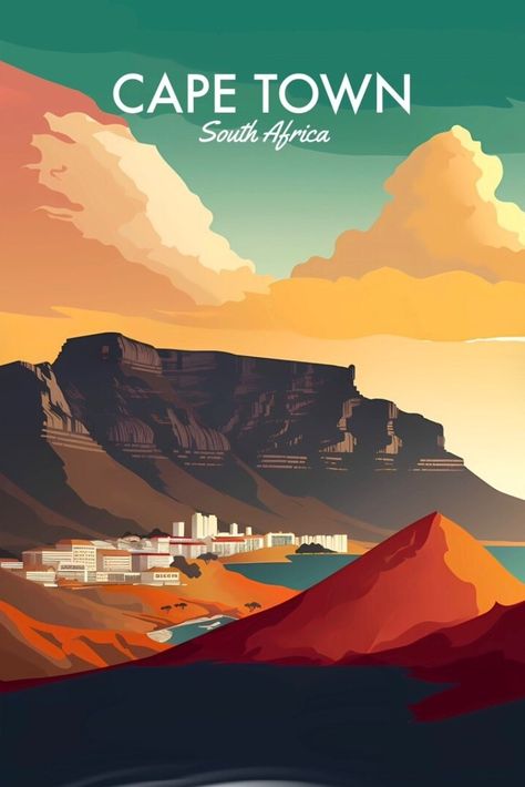 Goa Poster, Cape Town Aesthetic, South Africa Illustration, South Africa Aesthetic, Bill Folder, Table Mountain Cape Town Painting, Cape Town Painting, Table Mountain Cape Town Illustration, Cape Town Art