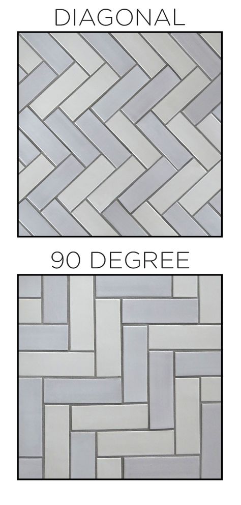 There are two ways to create herringbone: at a diagonal or 90 degree angle. The diagonal option is a bit more soft and classic while the 90 degree angle gives a more modern and geometric vibe. Diagonal Herringbone Floor, Diagonal Herringbone Backsplash, Bathroom Tile Ideas Herringbone, 90 Degree Herringbone Pattern, How To Lay Herringbone Tile, Kitchen Backsplash Herringbone, Pavers Pattern, Herringbone Tile Kitchen, Contemporary Hamptons