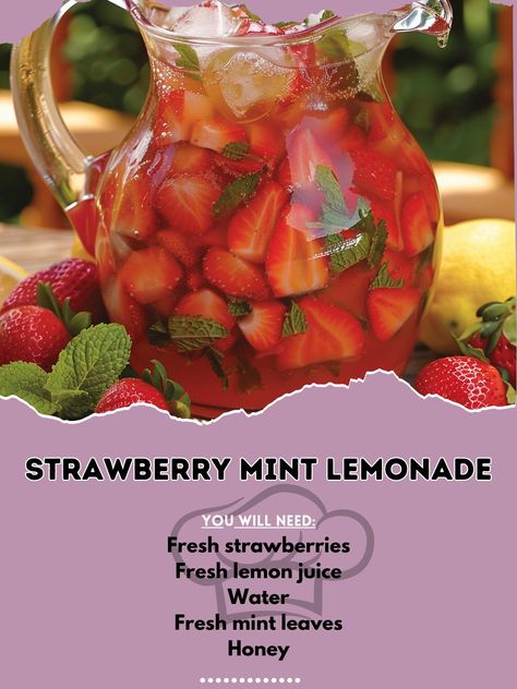 🍓🍋 Refresh with Strawberry Mint Lemonade! 🍓🍋 #StrawberryMint #SummerSips Strawberry Mint Lemonade Ingredients: Fresh strawberries, hulled (1 cup) Fresh lemon juice (1/2 cup) Water (4 cups) Fresh mint leaves (1/4 cup) Honey (1/4 cup) Ice (as needed) Instructions: Blend strawberries until smooth. In a pitcher, combine strawberry puree, lemon juice, water, and honey. Stir well and add fresh mint leaves. Serve over ice. 🍓🌿 This lemonade is a refreshing twist with minty freshness and strawberr... Lemonade Ingredients, Lemon Juice Water, Mint Lemonade, Yummy Alcoholic Drinks, Strawberry Mint, Strawberry Puree, Fresh Mint Leaves, Fresh Strawberries, Fresh Mint