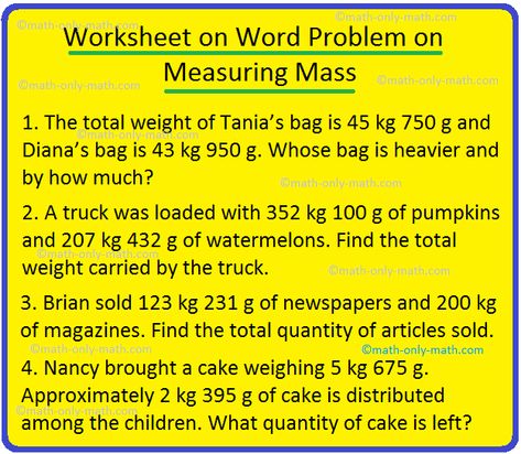 Measurement Word Problems 2nd Grade, Measurements Worksheet, Measuring Mass, Measurement Word Problems, Math Fractions Worksheets, Maths Worksheet, Mathematics Activities, Measurement Worksheets, Addition Word Problems